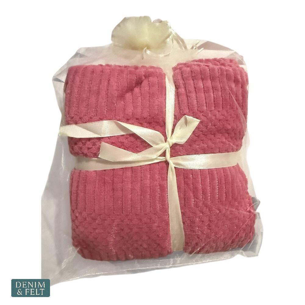 Pink Rose Bath Towel Set Soft Textured Ribbed Spa Style Gift Wrapped Home Decor - Picture 3 of 3